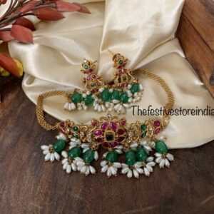 Rice pearls green drop choker
