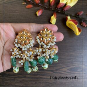 Kundan emerald leaves earrings