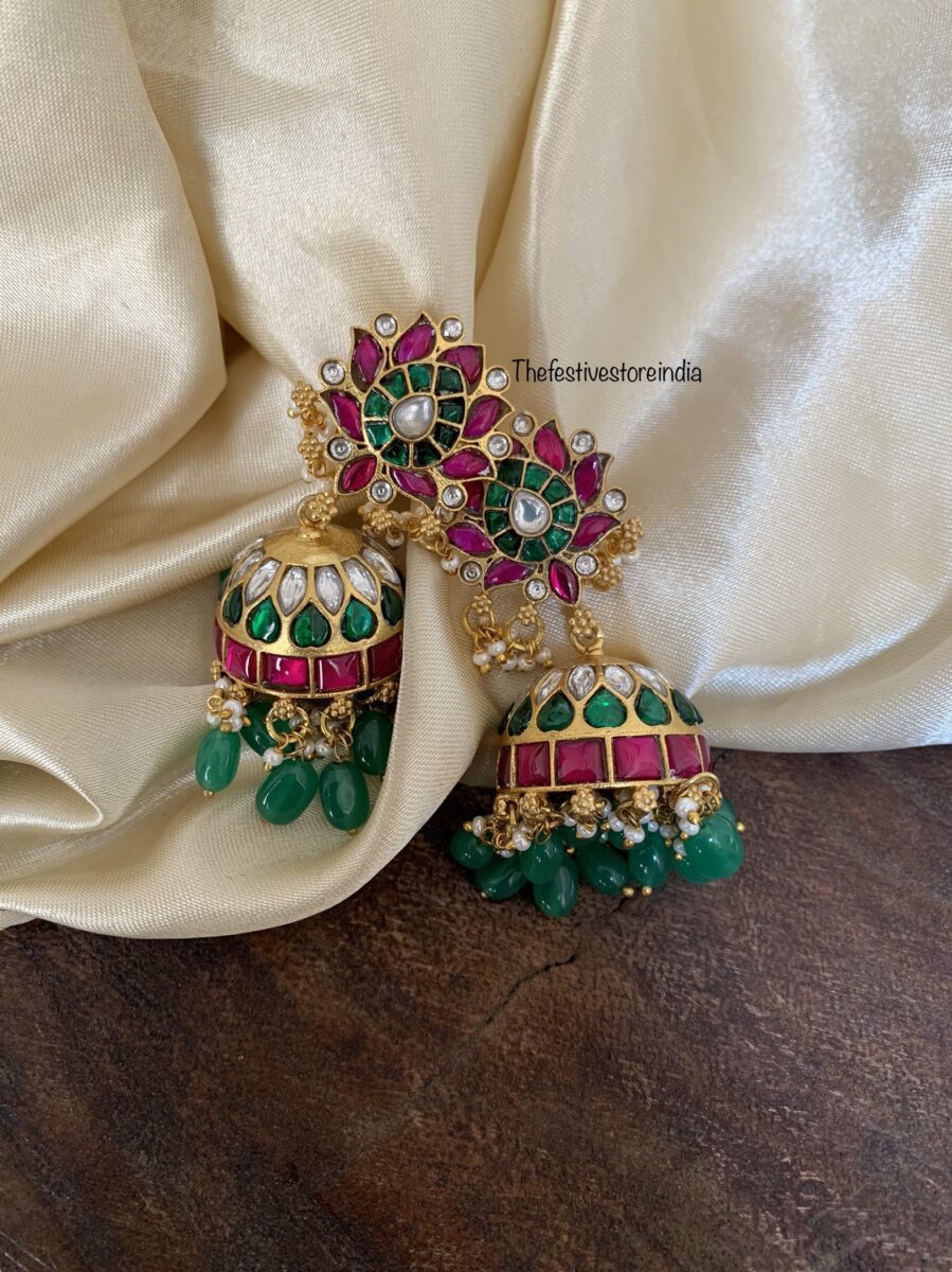Green drops lotus jadau jhumkas