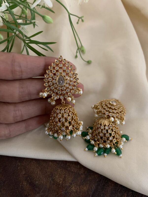 White stone green drops jhumkas
