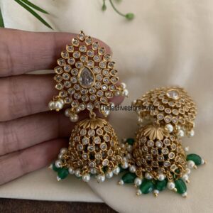 White stone green drops jhumkas