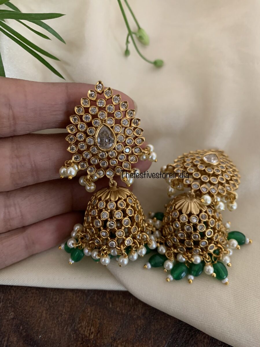 White stone green drops jhumkas