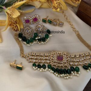 Kundan with green drops choker set with changeable stones