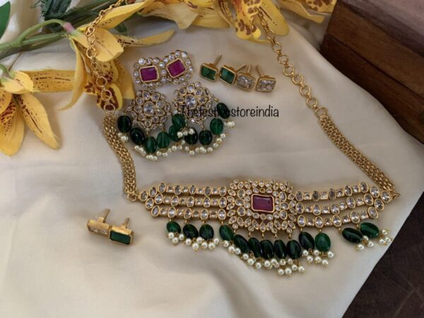 Kundan with green drops choker set with changeable stones