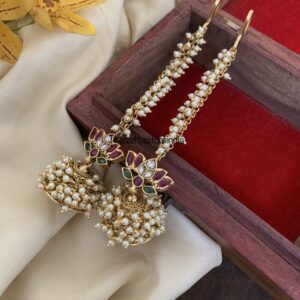 Cluster white pearl lotus jhumkas with straight maati