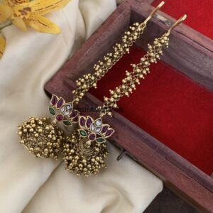 Cluster gold pearl lotus jhumkas with straight maati