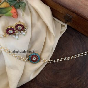 Mini Jadau Blue/Red pendant choker set