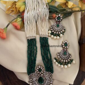 Green white pendant haaram set