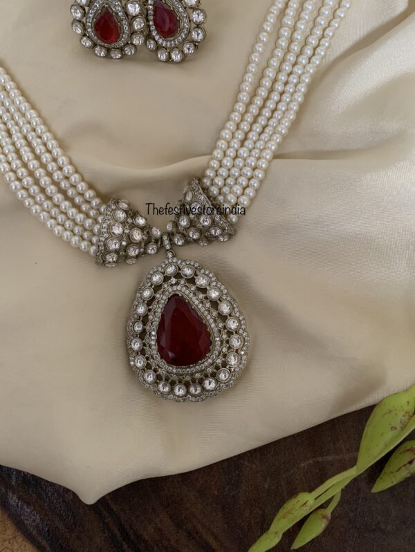 Victorian Maroon / Red and pearls necklace set