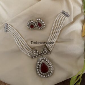Victorian Maroon / Red and pearls necklace set