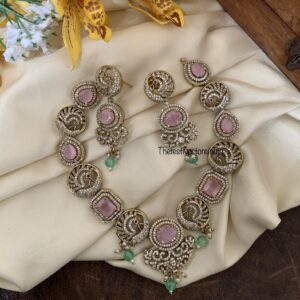 Pink stone Mint drops victorian necklace set