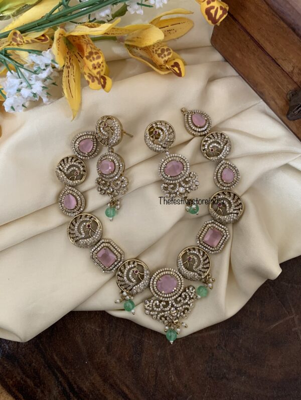 Pink stone Mint drops victorian necklace set