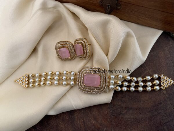 Pastel pink pearls AD choker set
