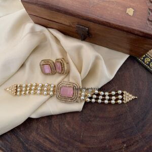 Pastel pink pearls AD choker set