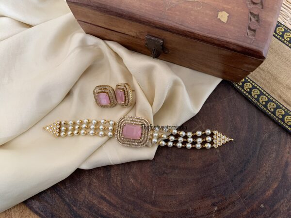 Pastel pink pearls AD choker set