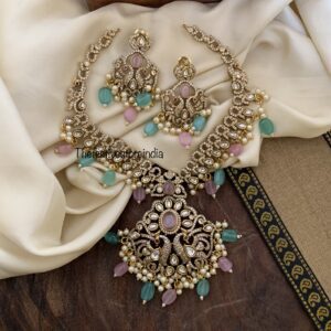 Classic mint and pink beads victorian necklace set
