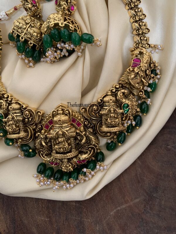 Grand bridal lakshmi green beads necklace set