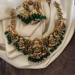Grand bridal lakshmi green beads necklace set