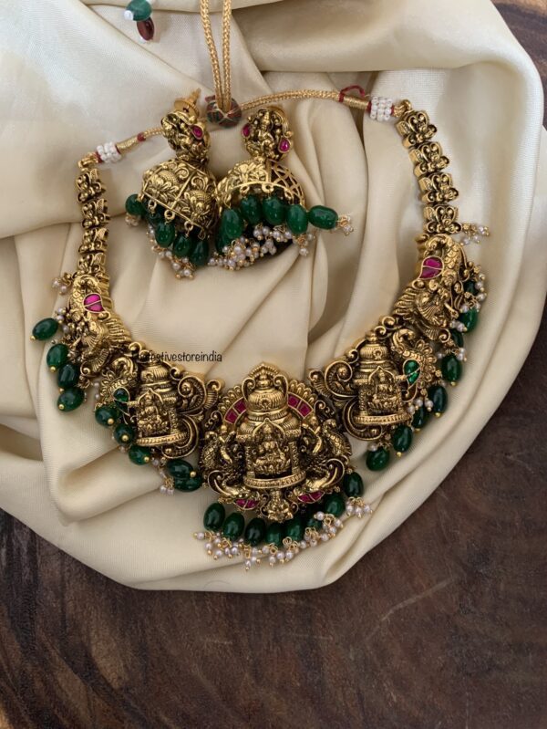 Grand bridal lakshmi green beads necklace set