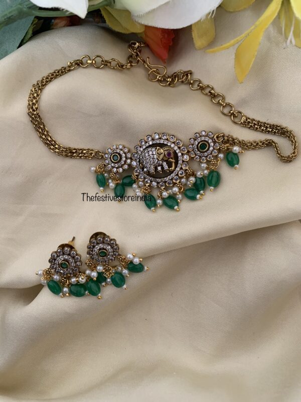 Mini green beads elephant victorian choker set