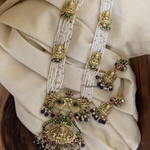 Jadau white pearls purple beads Lakshmi haaram set
