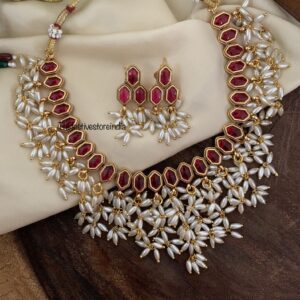 Fusion red stone rice pearls set