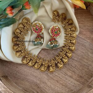Jadau Kaasu navilu necklace with statement mint drops jhumkas
