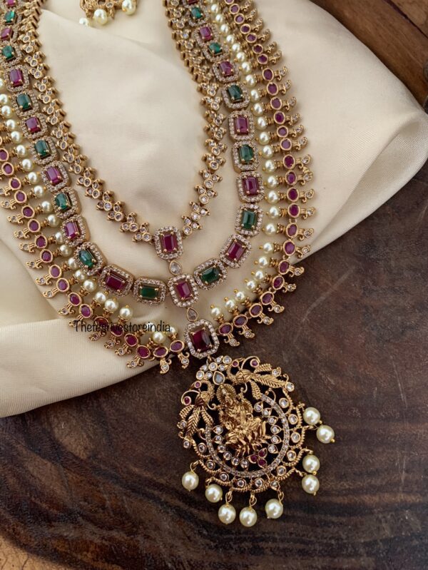 3 layer Bridal Kemp and Green Lakshmi Haaram set