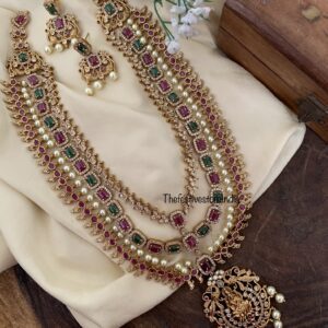 3 layer Bridal Kemp and Green Lakshmi Haaram set