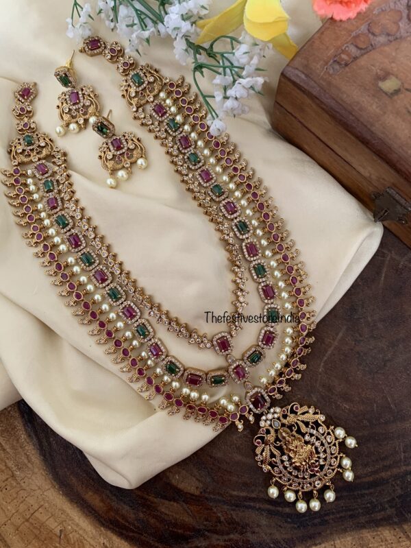 3 layer Bridal Kemp and Green Lakshmi Haaram set