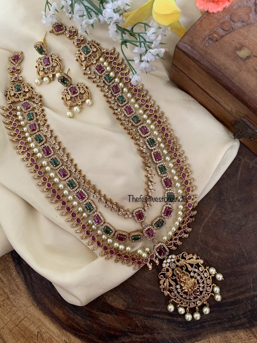 3 layer Bridal Kemp and Green Lakshmi Haaram set