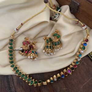 Reversible matte navarathna & green necklace set