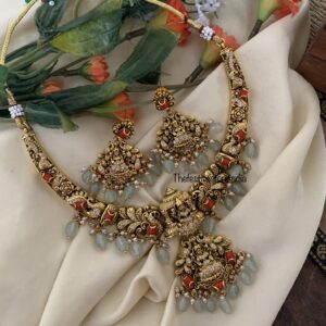 Nakshi lakshmi coral mint drops necklace set