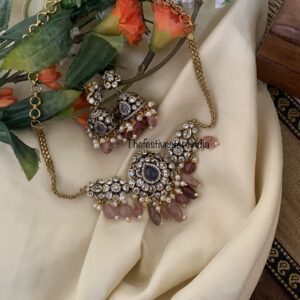 Budgeted Pink beads with contrast greyish purple stone victorian choker set