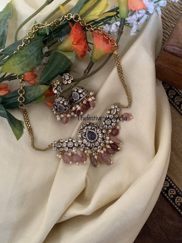 Budgeted Pink beads with contrast greyish purple stone victorian choker set