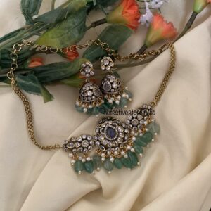 Budgeted green beads with contrast greyish purple stone victorian choker set