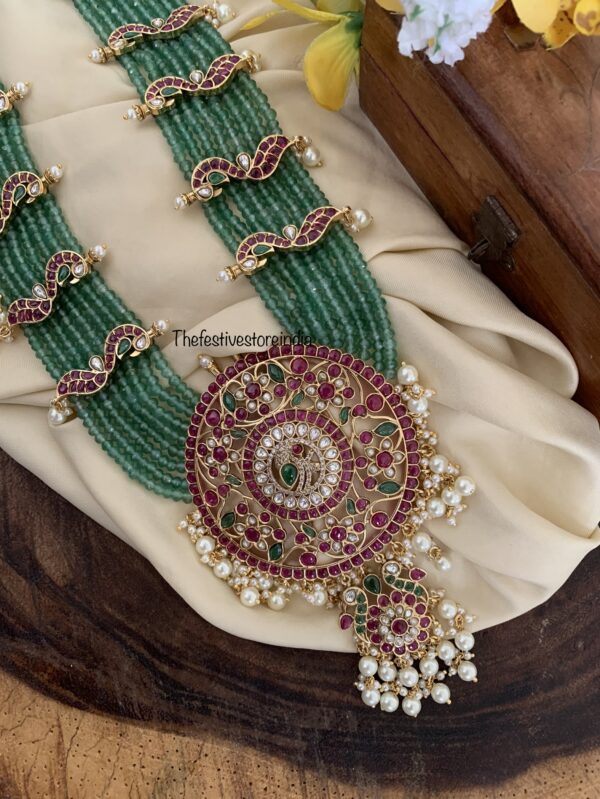Grand Bridal round pendant green beads haaram set