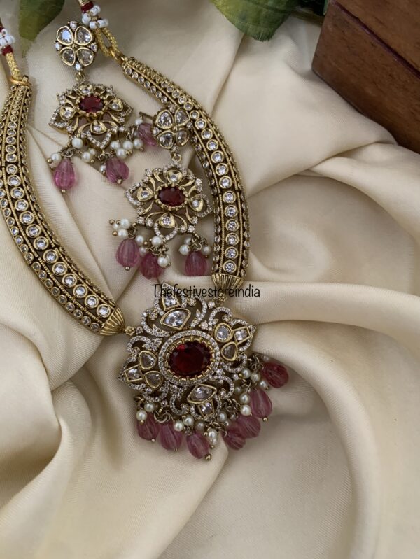 AD ruby pendant pink beads kanti set