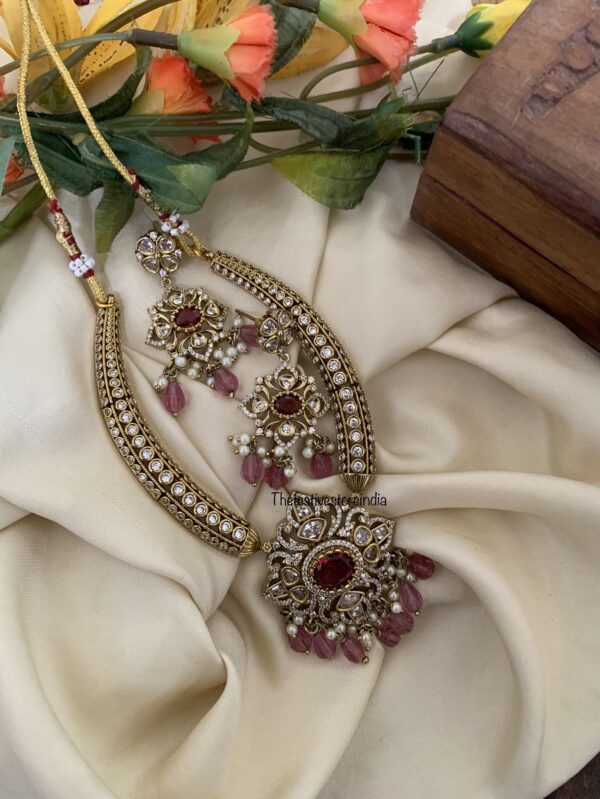 AD ruby pendant pink beads kanti set