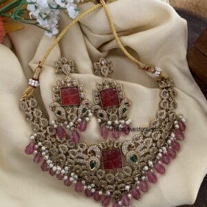 Budgeted pink drops AD bridal high-neck necklace set