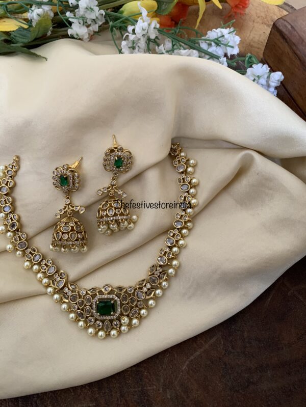Emerald stone necklace set with jhumkas