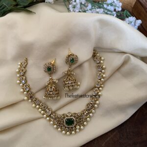 Emerald stone necklace set with jhumkas