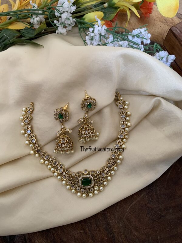 Emerald stone necklace set with jhumkas
