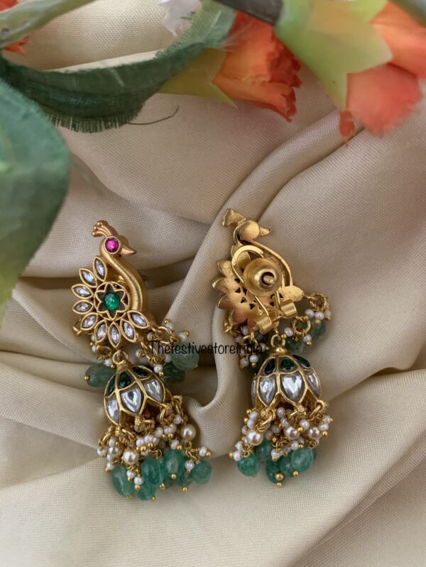 Jadau green drops peacock jhumkas
