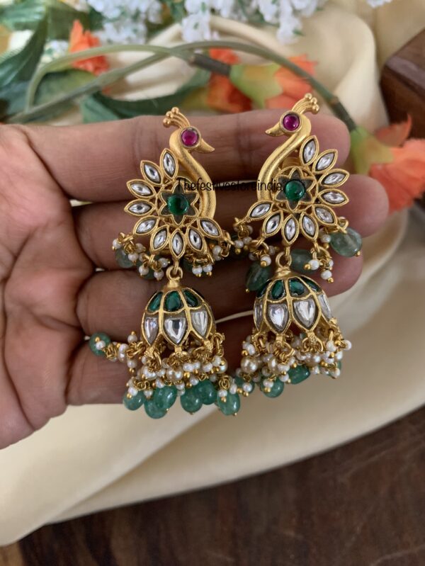 Jadau green drops peacock jhumkas