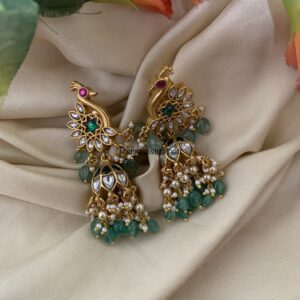 Jadau green drops peacock jhumkas