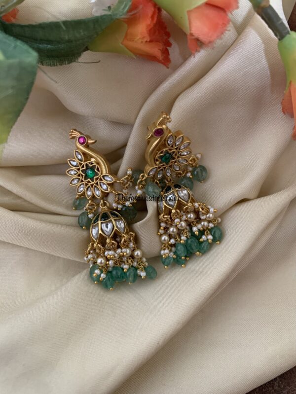 Jadau green drops peacock jhumkas