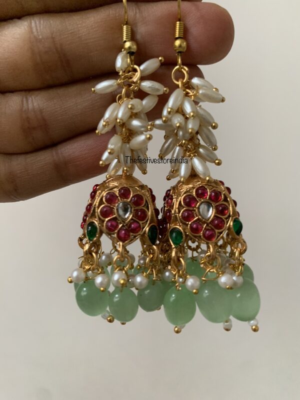 Matte mint beads cluster pearls budgeted jhumkas