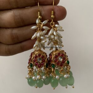 Matte mint beads cluster pearls budgeted jhumkas