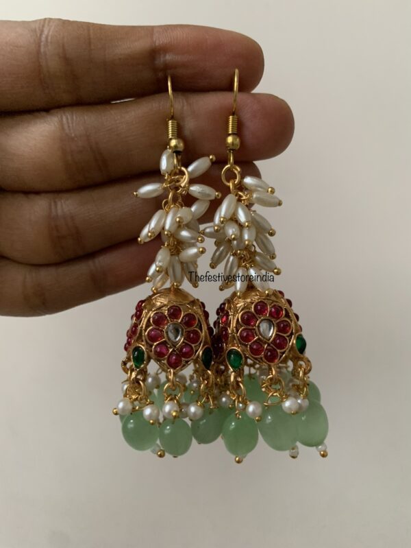 Matte mint beads cluster pearls budgeted jhumkas